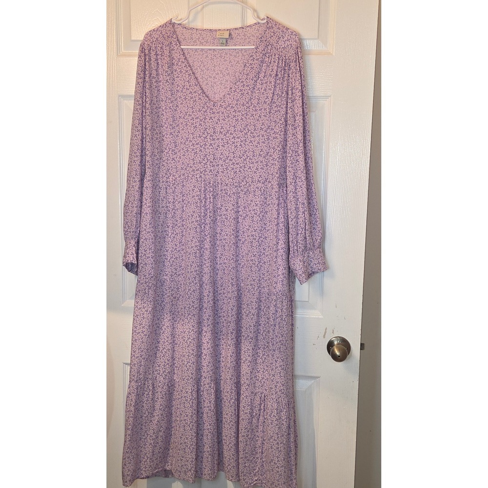 A New Day Womens Lavender Floral Tiered Maxi Dress V-Neck Long Sleeve Large